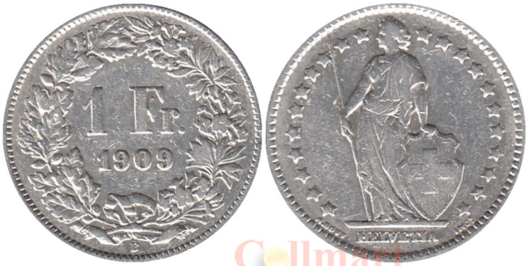  Швейцария. 1 франк 1909 год. Гельвеция. 
