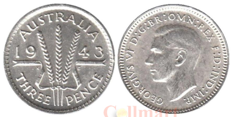  Австралия. 3 пенса 1943 год. Три колоска пшеницы. 