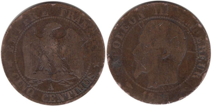  Франция. 5 сантимов 1853 год. (А) 