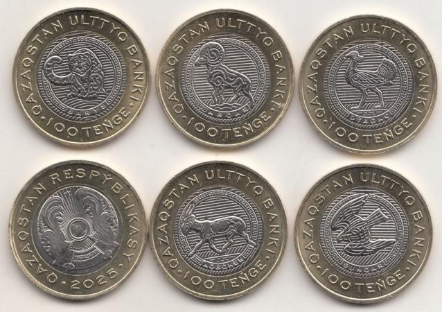  Казахстан. Набор монет 100 тенге 2025 (2026) год. Животный мир Казахстана. (5 штук) 