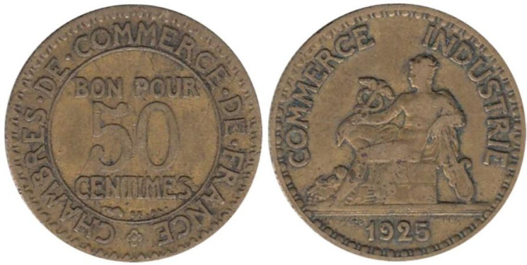  Франция. 50 сантимов 1925 год. Меркурий. 