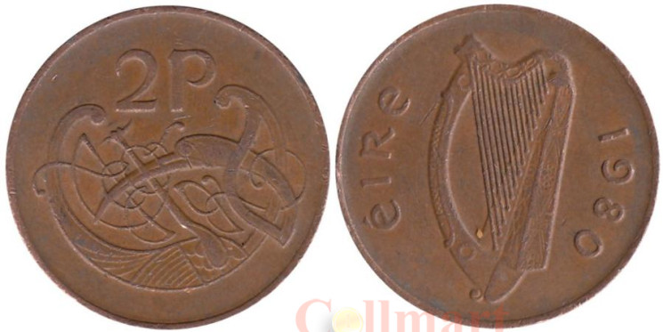  Ирландия. 2 пенса 1980 год. Стилизованная птица. 