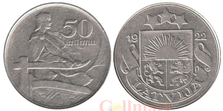  Латвия. 50 сантимов 1922 год. Женщина в национальном костюме. 