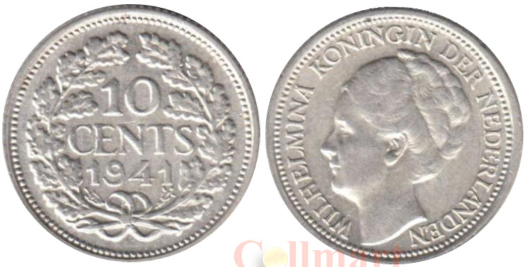  Нидерланды. 10 центов 1941 год. Королева Вильгельмина. 
