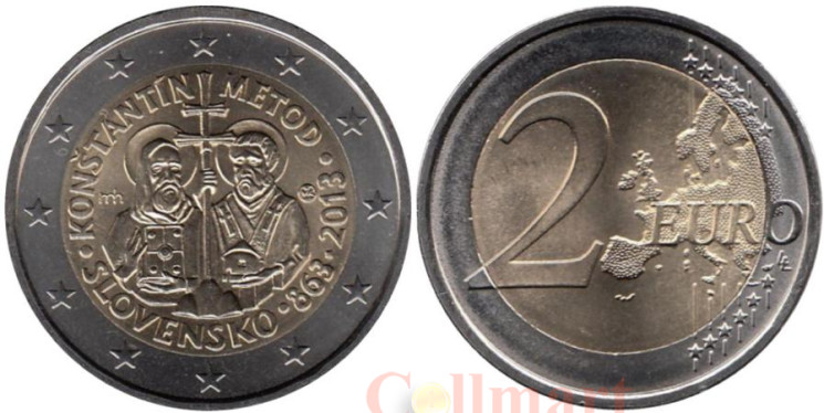  Словакия. 2 евро 2013 год. 1150 лет с прибытия византийской миссией Кирилла и Мефодия в Великую Моравию. 