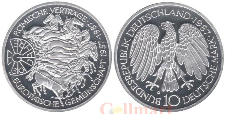  Германия (ФРГ). 10 марок 1987 год. 30 лет подписания Римского договора. (Рroof) 