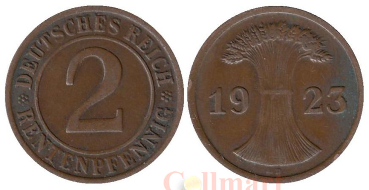  Веймарская республика. 2 рентенпфеннига 1923 год. (D) 