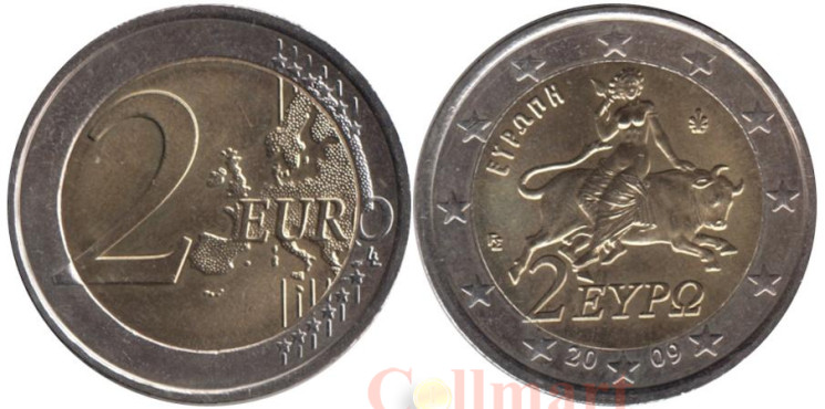  Греция. 2 евро 2009 год. Похищение Европы Зевсом. 