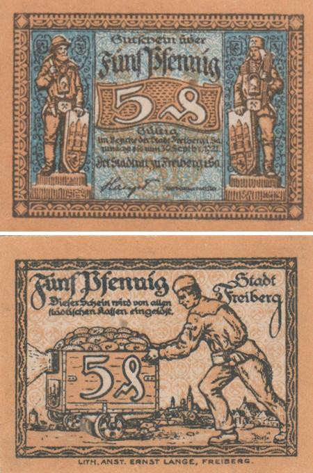  Бона. Германия. Фрайберг 5 пфеннигов 1921 год. Нотгельд. (XF) 