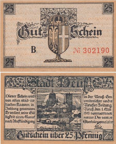  Бона. Германия. Нойс 25 пфеннигов 1919 год. Нотгельд. (XF) 
