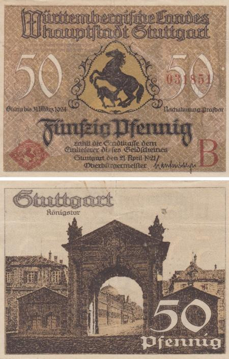  Бона. Германия. Штутгарт 50 пфеннигов 1921 год. Арка. Нотгельд. (VF) 