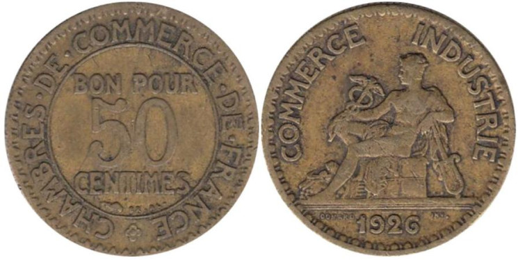  Франция. 50 сантимов 1926 год. Меркурий. 