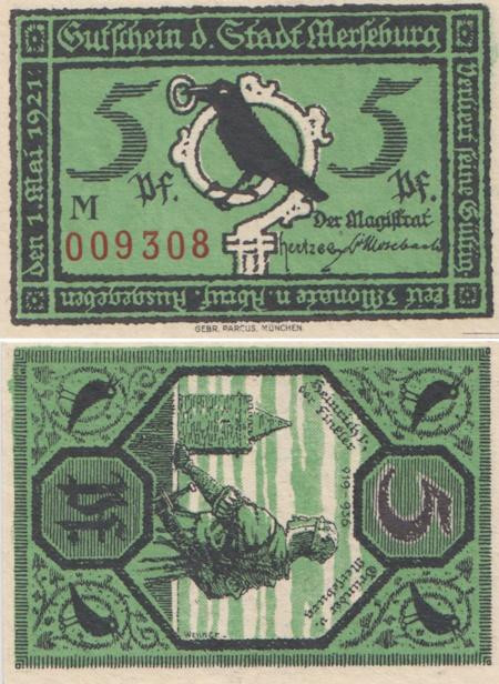  Бона. Германия. Мерзебург 5 пфеннигов 1921 год. Нотгельд. (XF) 