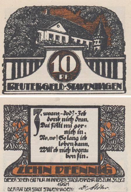  Бона. Германия. Штавенхаген 10 пфеннигов 1921 год. Нотгельд. (XF) 