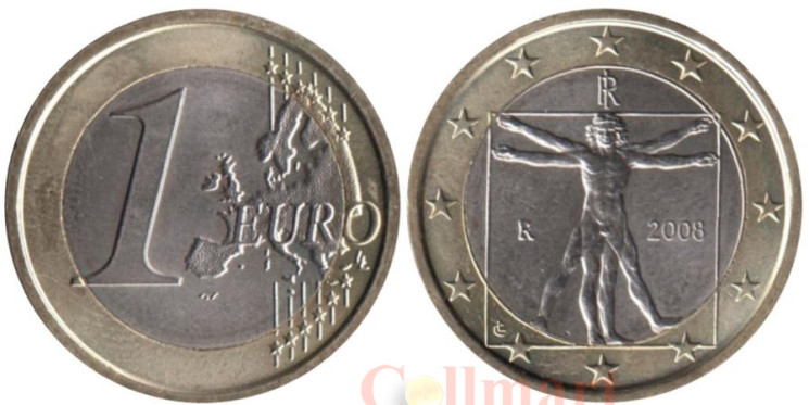  Италия. 1 евро 2008 год. Витрувианский человек. 