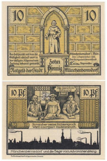  Бона. Германия. Мюнхенбернсдорф 10 пфеннигов 1921 год. Нотгельд - Мюнхенбернсдорфское сказание об адвокате. (AU) 