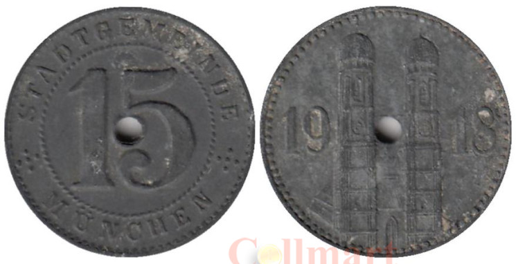  Германия. Мюнхен. 15 пфеннигов 1918 год. Городские ворота с двумя башнями. Нотгельд. 