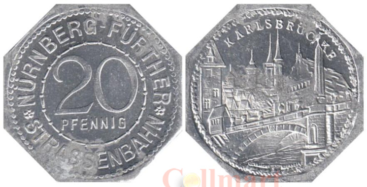  Германия. Нюрнберг-Фюртер. 20 пфеннигов без года выпуска. Карлов мост на реке Пегниц. Нотгельд трамвайный. 