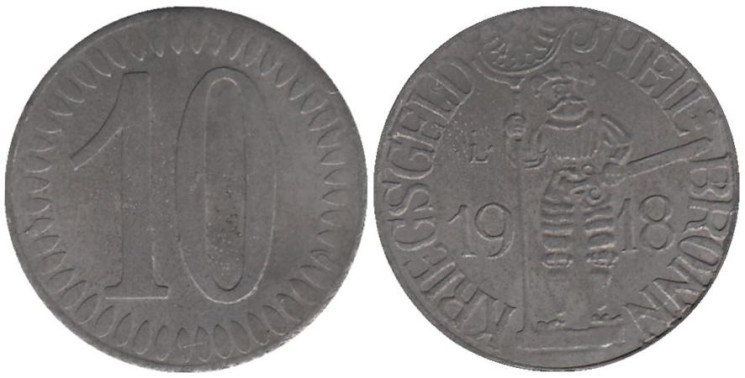  Германия. Хайльбронн. 10 пфеннигов 1918 год. Рыцарь. Нотгельд. 