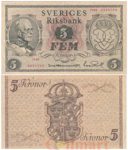  Бона. Швеция 5 крон 1948 год. 90-летие со дня рождения короля Густава V. (VF) 