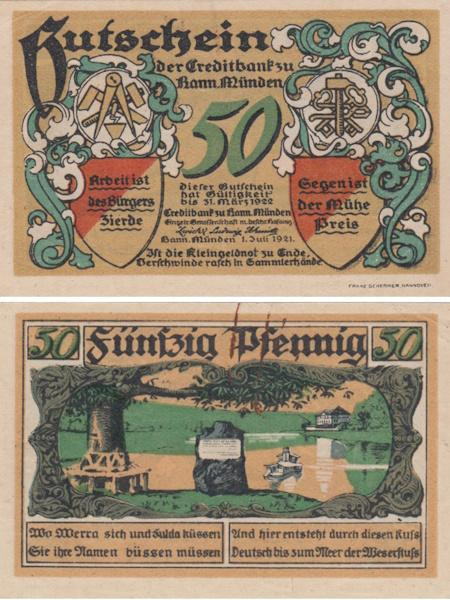  Бона. Германия. Мюнден 50 пфеннигов 1921 год. Нотгельд. (XF) 