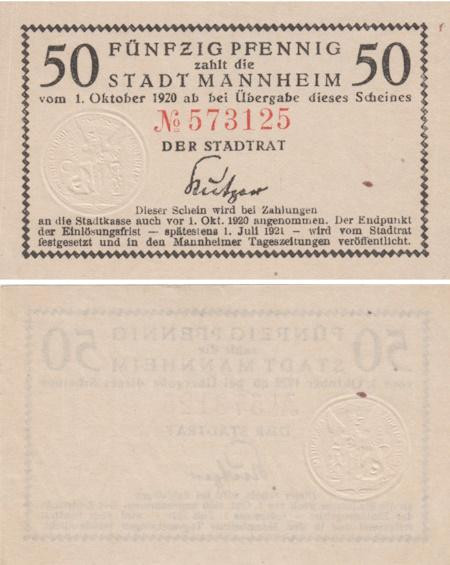  Бона. Германия. Мангейм 50 пфеннигов 1920 год. Нотгельд. (XF) 