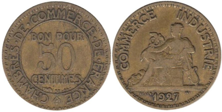  Франция. 50 сантимов 1927 год. Меркурий. 