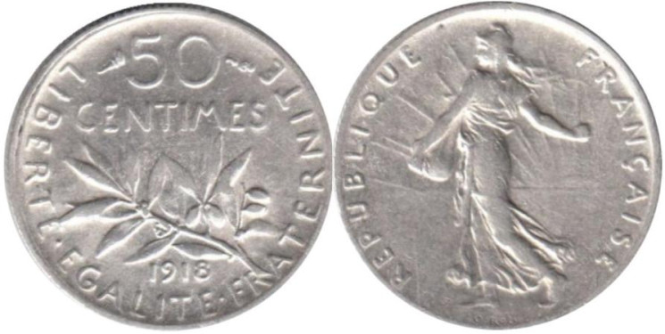  Франция. 50 сантимов 1918 год. 