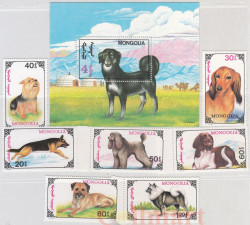 Набор марок. Монголия. Собаки. 7 марок + почтовый блок.