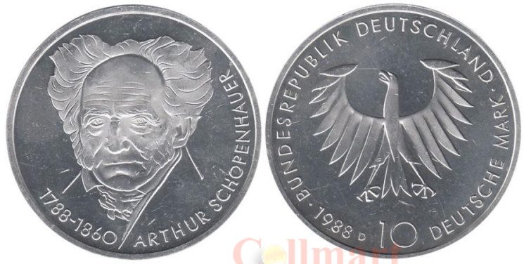  Германия (ФРГ). 10 марок 1988 год. 200 лет со дня рождения Артура Шопенгауэра. 