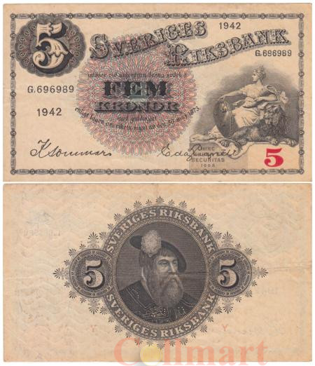  Бона. Швеция 5 крон 1942 год. Мать Свея. (VF) 