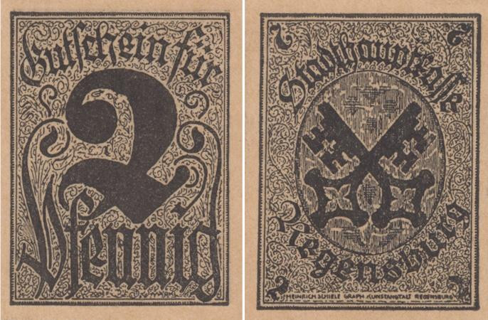  Бона. Германия. Регенсбург 2 пфеннига 1920 год. Нотгельд. (XF) 