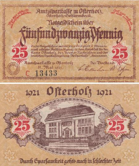  Бона. Германия. Остерхольц 25 пфеннигов 1921 год. Нотгельд желтый. (XF) 