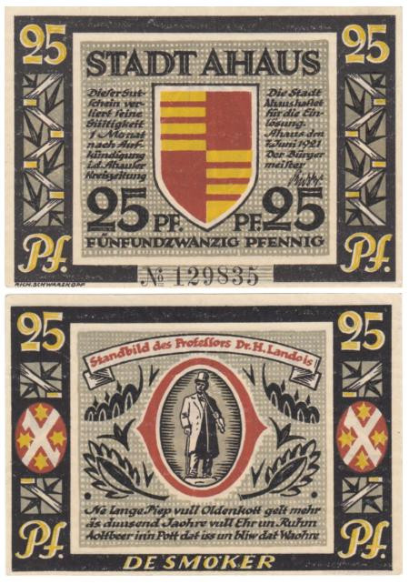 Бона. Германия. Ахаус 25 пфеннигов 1921 год. Нотгельд. (XF) 