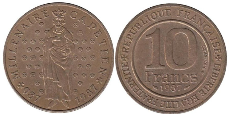  Франция. 10 франков 1987 год. Тысячелетие династии Капетингов. 