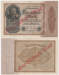 Бона. Германия (Веймарская республика) 1 миллиард (1.000.000.000) марок 1923 год. Надпечатка на 1000 марок 1922 года. P-113 (VF)