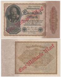 Бона. Веймарская республика 1 миллиард (1.000.000.000) марок 1923 год. Надпечатка на 1000 марок 1922 года. (VF)