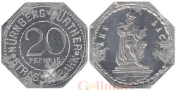 Германия. Нюрнберг-Фюртер. 20 пфеннигов без года выпуска. Памятник поэту Гансу Саксу. Нотгельд трамвайный.