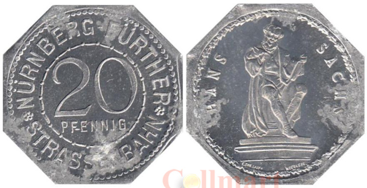  Германия. Нюрнберг-Фюртер. 20 пфеннигов без года выпуска. Памятник поэту Гансу Саксу. Нотгельд трамвайный. 