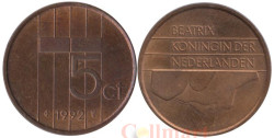 Нидерланды. 5 центов 1992 год. Королева Беатрикс.