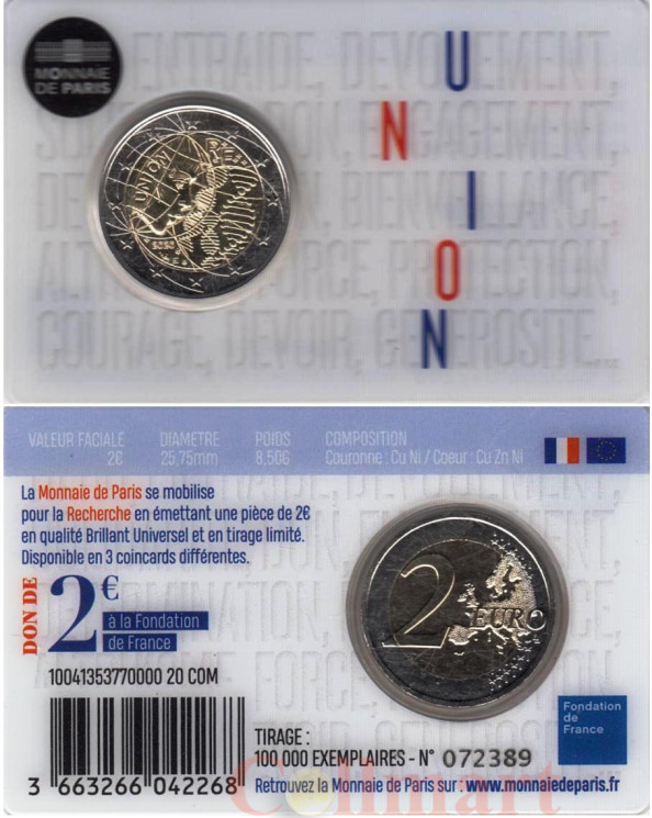  Франция. 2 евро 2020 год. Медицинские исследования, надпись "UNION". (в открытке) 