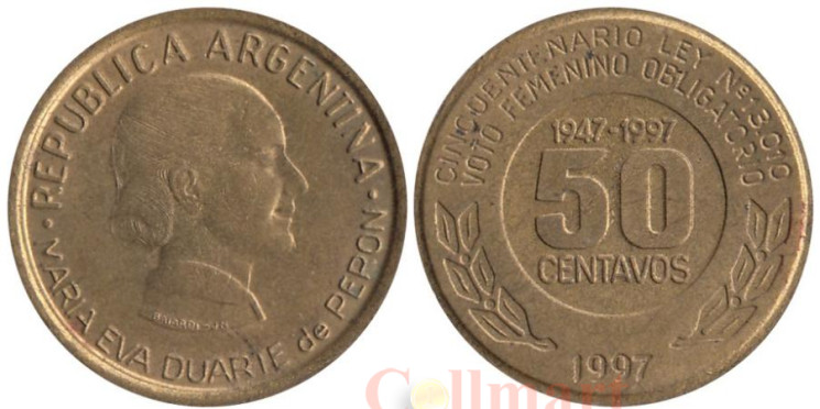  Аргентина. 50 сентаво 1997 год. 50 лет правам женщин на голосование. 