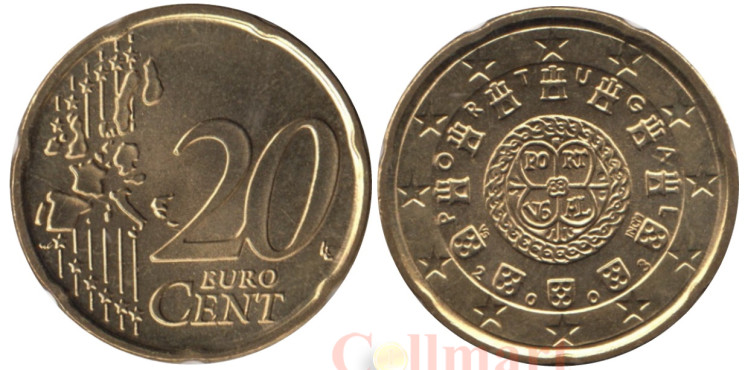 Португалия. 20 евроцентов 2003 год. Королевская печать первого короля Португалии Афонсу I образца 1142 года. 