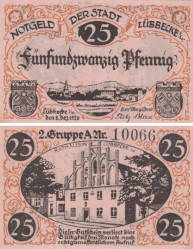 Бона. Германия. Люббекке 25 пфеннигов 1920 год. Ратуша. Нотгельд. (XF)