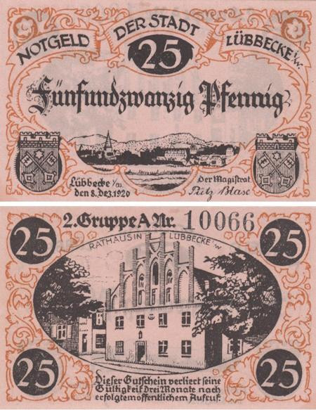  Бона. Германия. Люббекке 25 пфеннигов 1920 год. Ратуша. Нотгельд. (XF) 