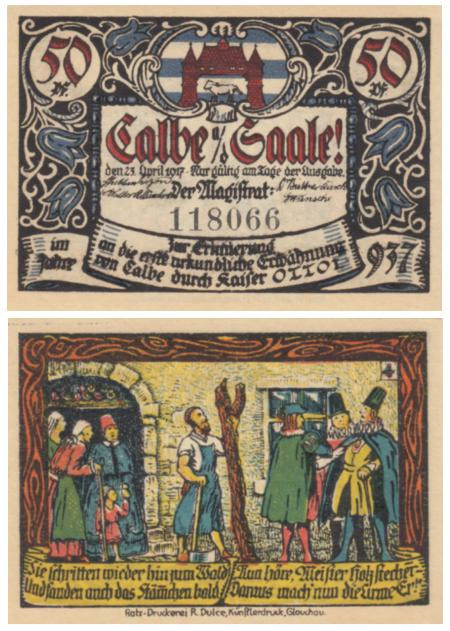  Бона. Германия. Кальбе (Заале) 50 пфеннигов 1917 год. Нотгельд. Вар. 4 (XF) 