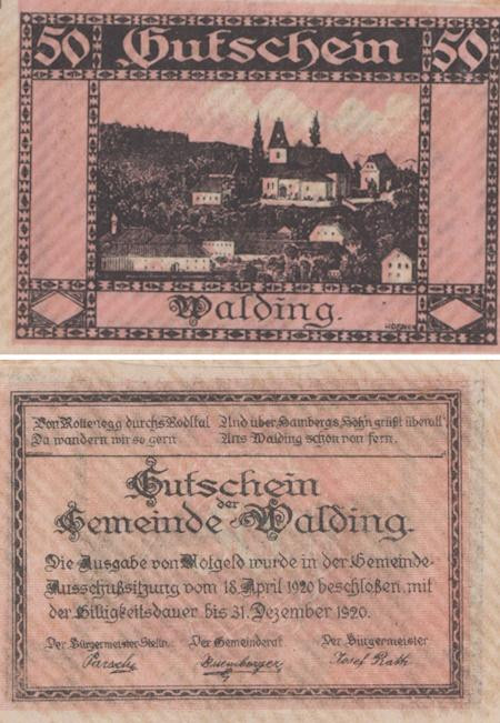  Бона. Австрия. Вальдинг 50 геллеров 1920 год. Нотгельд. (XF) 