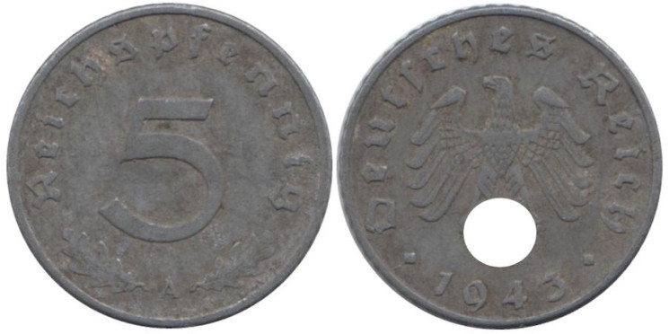  Германия - Третий рейх. 5 рейхспфеннигов 1943 год. (A) 