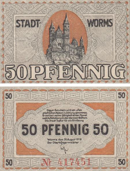  Бона. Германия. Вормс 50 пфеннигов 1919 год. Нотгельд. (XF) 