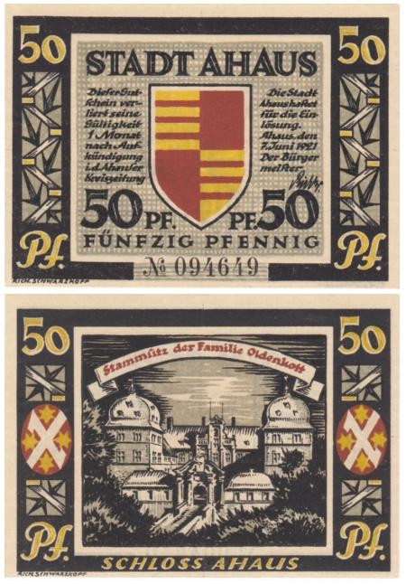  Бона. Германия. Ахаус 50 пфеннигов 1921 год. Нотгельд. (XF) 